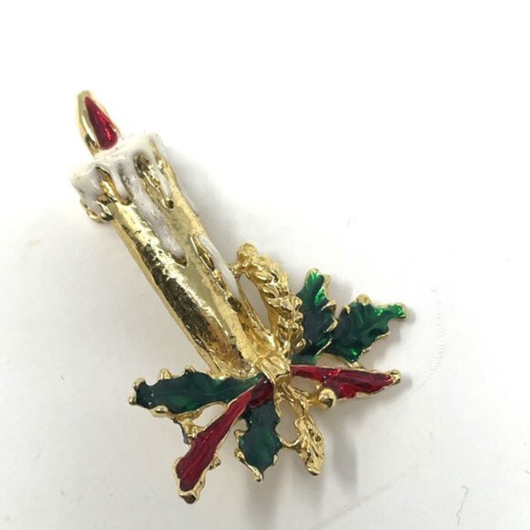 Vintage Gold Candle Brooch with Holly Leaves & Red Berries Christmas Holiday Pin - Picture 3 of 7